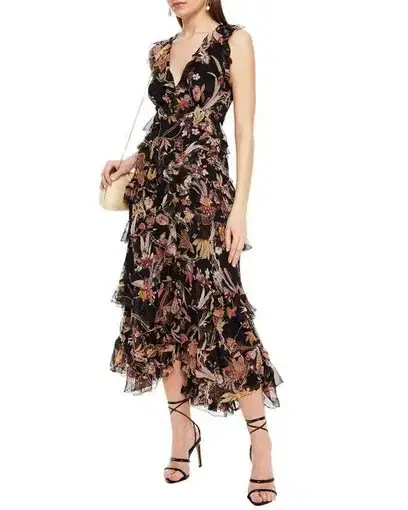 Zimmermann Wavelength Ruffled Silk Georgette Midi Dress in Black/Floral Print Size 0 / Au 8