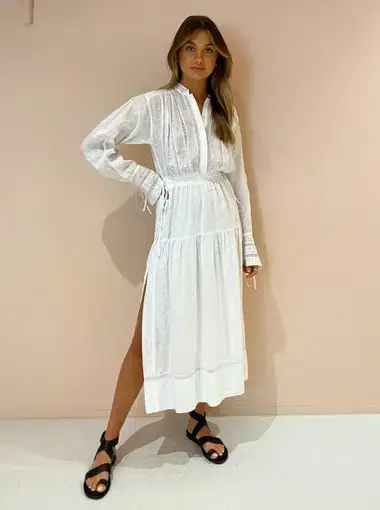 Shona Joy Adriana Linen Long Sleeve Midi Dress in Rice White Size 10
