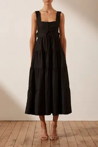 Shona Joy Blanca Lace Up Tiered Midi Dress Black Size 6