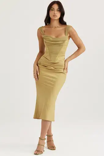 House of CB Natalya Satin Corset Midi Dress Olive Size 6