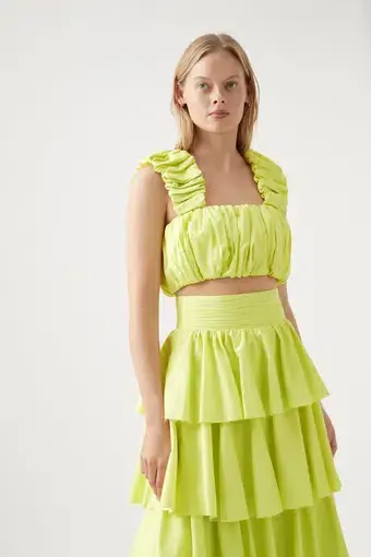 AJE Medina Ruched Cropped Top and Tiered Midi Skirt Set  Light Lemon Size 14 