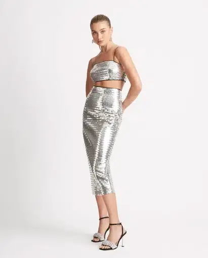 Sheike Walk of Fame Skirt & Top Set in Silver Sequin Size 8