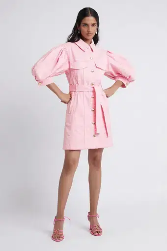 Aje Triada Button Denim Puff Sleeve Dress Pink Size 8