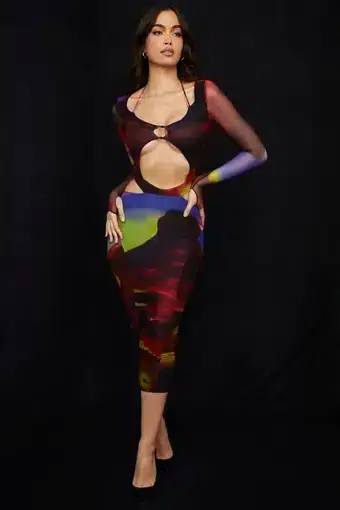 House of CB Marina Printed Cut Out Midi Dress Print Size S/Au 8