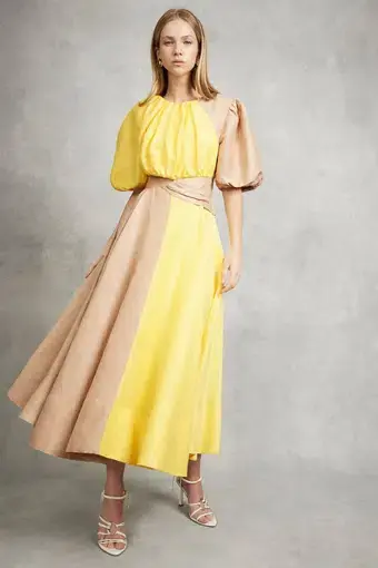 Aje Caliente Two Tone Puff Sleeve Dress Yellow/Nude Size 16