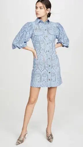 Ganni Balloon-Sleeve Broderie Anglaise Mini Shirt Dress Blue Size 8