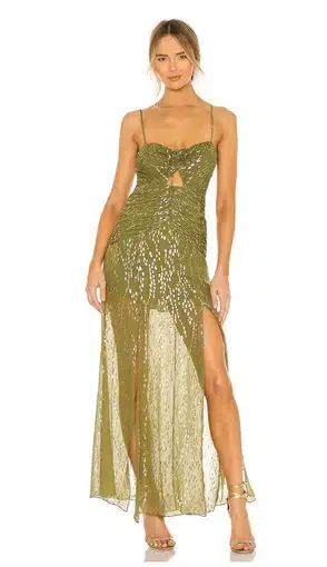 Shona Joy Laura Ruched Maxi Dress in Olive/Gold Size 8
