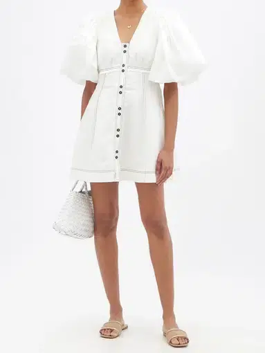 Aje Cherished Puff Sleeve Linen Mini Dress White Size 12 / L