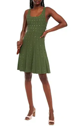 Sandro Paris Avah Scalloped Embellished Ribbed-knit Mini Dress Army Green Size S/AU 10