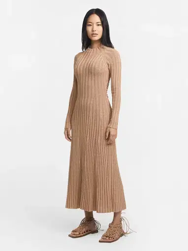 Dion Lee Natural Stripe Rib Long Sleeve Dress Desert/Timber Size 6 