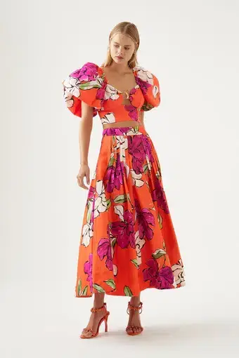 Aje Marcel Puff Sleeve Bodice and Lewis Tuck Detail Midi Skirt Set Vivid Camellia Size 8 