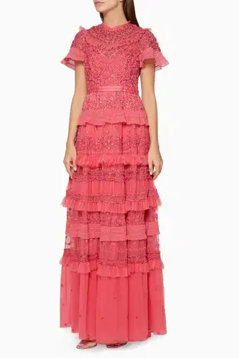 Needle and Thread Iris Ruffled Embroidered Tulle Gown Pink Size 10