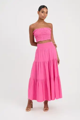 Kookai Georgette Strapless Crop and Midi Skirt Set Hot Pink Size 12