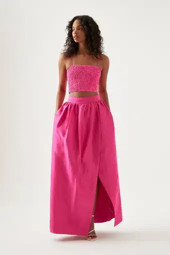 Aje Evelyn Sequin Top in Rogue Pink & Mirabelle Tulip Maxi Skirt in Fuchsia Set Size 10 / M