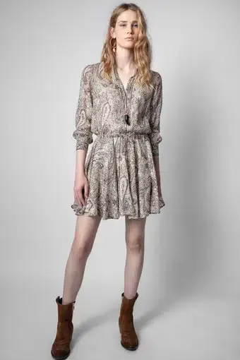 Zadig and Voltaire Ranil Peacock Silk Dress in Vanille Print Size 10