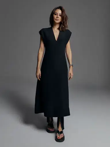 Wardrobe.NYC Release 05 Cap Sleeve Silk V Neck Dress Black Size XL / AU 14