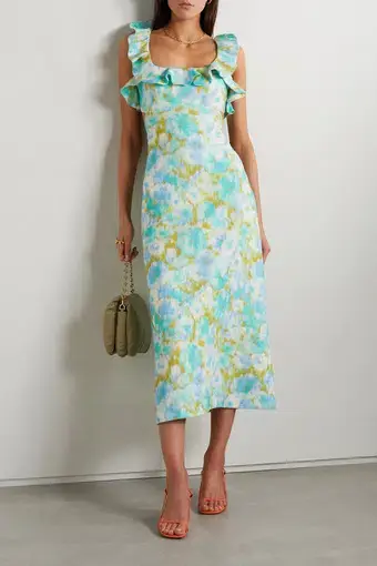 Zimmermann High Tide Frilled Midi Dress in Aqua Ikat Floral Size 16
