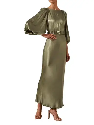 Shona Joy La Lune Balloon Sleeve Midi Dress With Belt in Moss Green Size 6 / XS