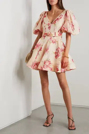 Zimmermann High Tide Puff Sleeve Mini Dress in Cream Poppy Floral Size 8