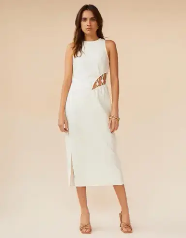 Suboo Astrid Resin Waist Detail Midi Dress Ivory White Size 6 