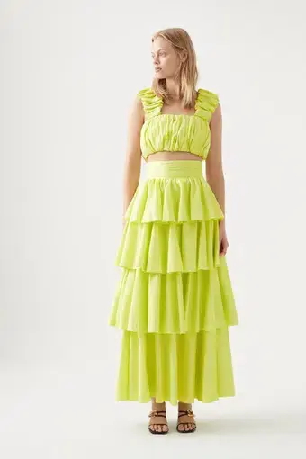 Aje Medina Ruched Cropped Top and Tiered Midi Skirt  Set Light Lemon Size 10