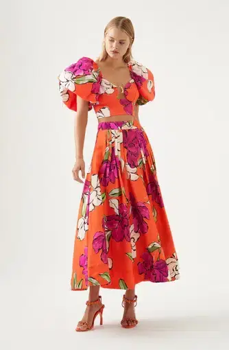 Aje Marcel Puff Sleeve Bodice and Lewis Tuck Detail Midi Skirt Set in VIvid Camellia Size 10 / M