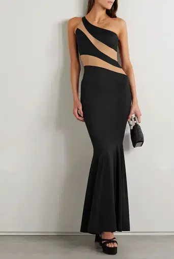 Norma Kamali Snake One-Shoulder Mesh-Paneled Gown Black Size 10