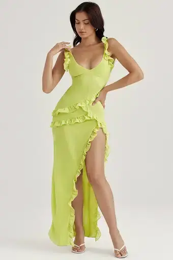 House of CB Pixie Ruffle Maxi Dress Lime Green Size 8