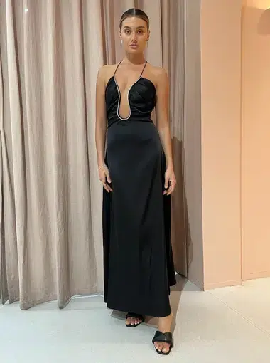 Sonya Satin Embellished Keyhole Maxi Dress In Black Size 12