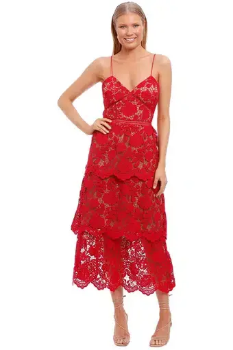 Self Portrait Flower Lace Tiered Midi Dress Red Size 12