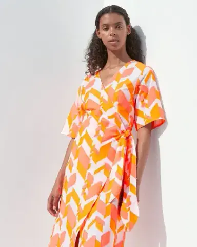 Jac + Jack The Sway Wrap Summer Midi Dress Orange Print Size 8