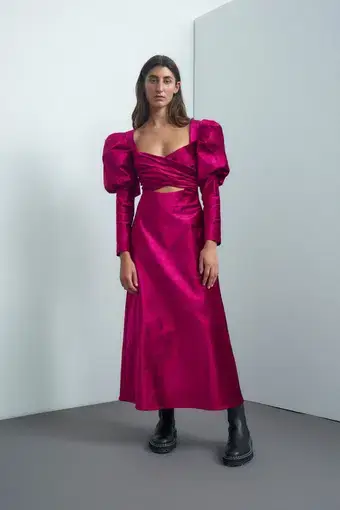 Alamais Rosario Puff Sleeve Midi Dress Fushia Size 10 