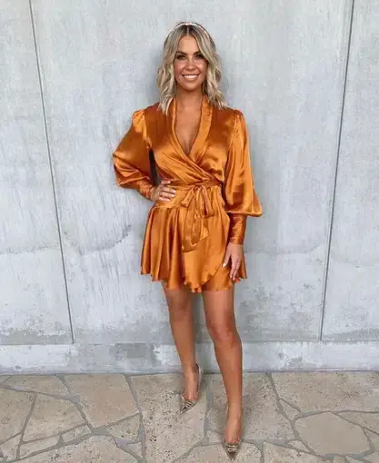 Zimmerman Ruffled Silk-Satin Mini Wrap Dress Orange Size 8