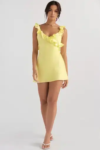 House of CB Tink Satin Ruffle Mini Dress Buttercup Yellow Size 8 