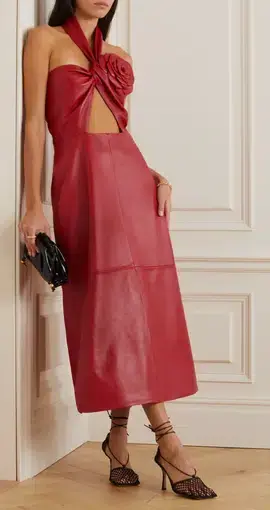 Magda Butrym Embellished Cutout Leather Halter Neck Midi Dress Red Size 36 / Au 8