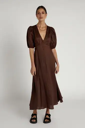 Dissh Remi Linen Midi Dress Chocolate Size 6