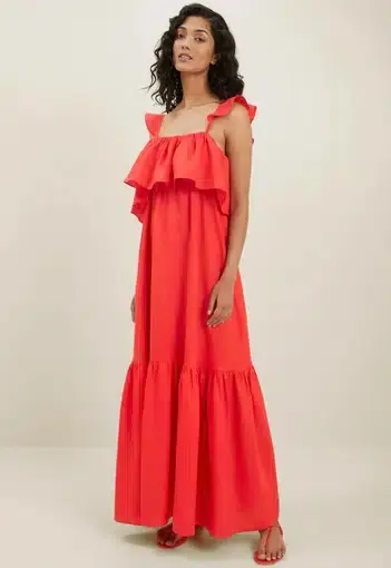 Seed Linen Ruffle Maxi Dress Red Size 4