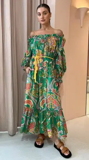Alemais Marion Off Shoulder Midi Dress Green Print Size 10