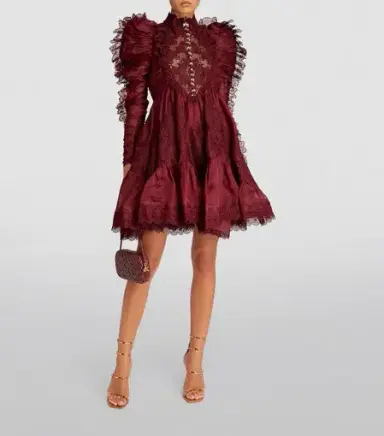 Kaleidoscope Doily Ruffle Mini Dress Burgundy Size 2 / Au 12