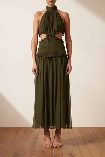Shona Joy Safira High Neck Cut Out Midi Dress in Olive Green Size 8 / S