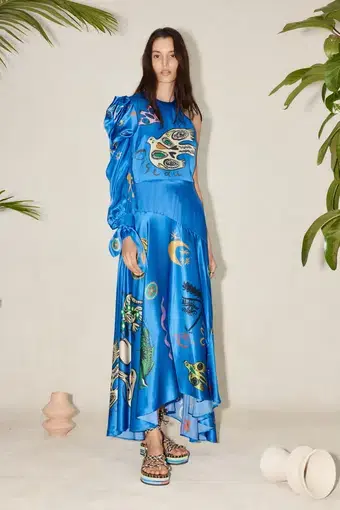 Alemais Soleil One Shoulder Midi Dress Blue/Print Size 12 