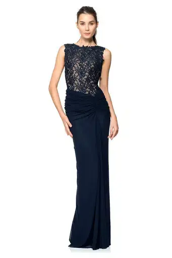 Tadashi Shoji Lace and Draped Tulle Boatneck Gown Navy Size 10