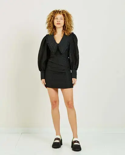Ganni Jacquard Organza V Neck Ruffle Collar Dress Black Size 8