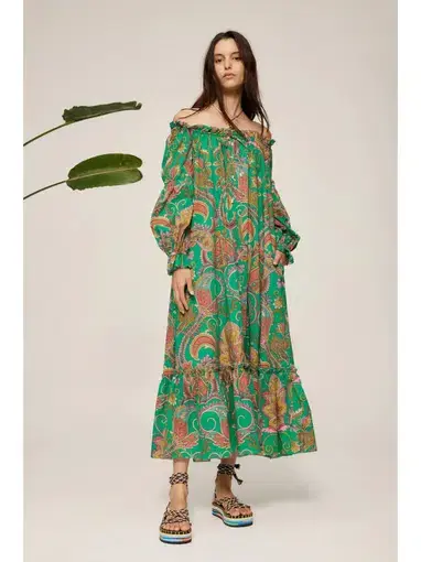 Alemais Marion Off Shoulder Midi Dress Green Print Size AU 12