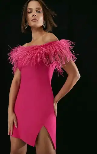 Karen Millen Compact Stretch Feather Bardot Mini Dress Pink Size 10