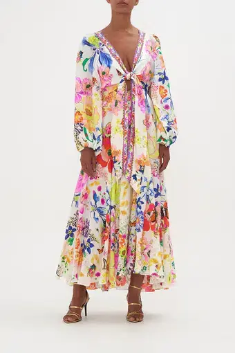 Camilla Wrap Tie Dress With Blouson Sleeve Fairy Gang Floral Size L/ Au 14