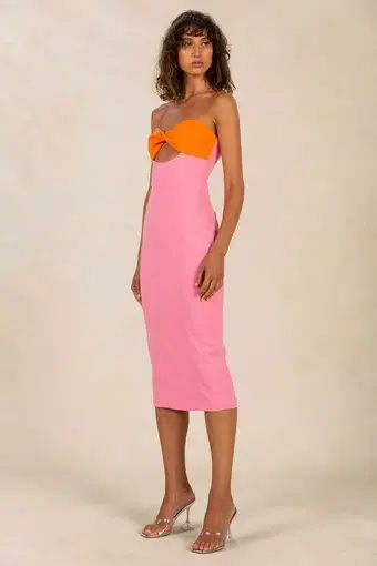 Misha Antonella Bonded Crepe Midi Dress in Pink lemonade/Sun orange Size 10 / M