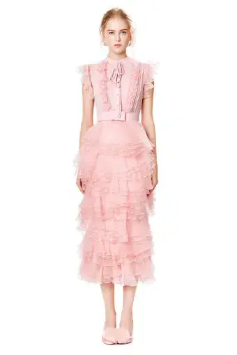Ivan Young Silk Ruffles Tiered Midi Dress Pink Size 8