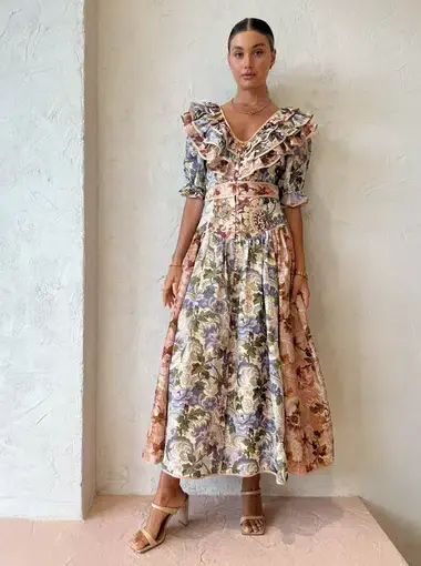Alemais Phillipa Ruffle Neck Midi Dress Floral Size 14