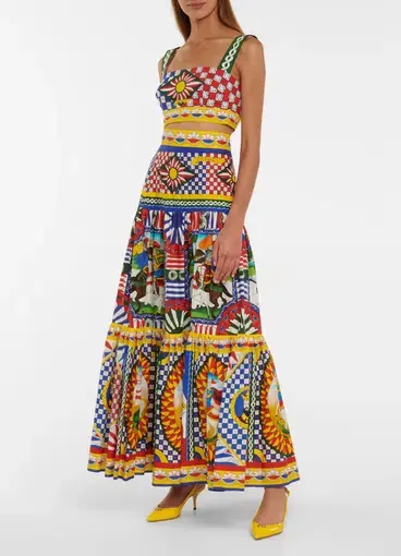 Dolce & Gabbana Carreto Print Pleated Maxi Skirt and Crop Top Set Multi Size 38 IT / AU 6